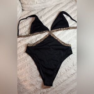 Shade & Shore Black and Leopard One Piece Cut Out Swimsuit